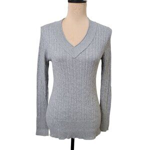 LOFT Size L Gray with Silver Metallic Threading V Neck Cable Knit Sweater.
